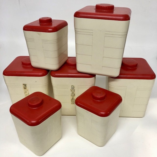 CANNISTER SET, 1950s Cream Bakelite w Red Lid (Set of 7)